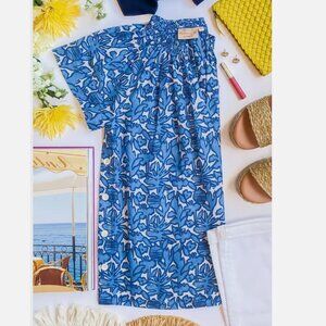 Rungolee Savannah Cotton Smocked Blouse Blue Floral Tropical Print Women's XL